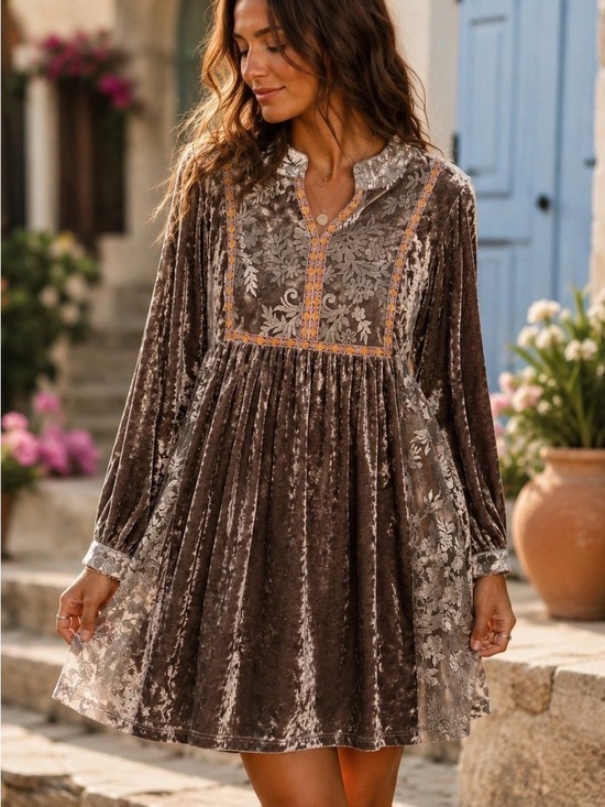 POL Dresses & Skirts - POL Crushed Velvet Embroidered Tunic Dress